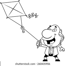 An illustration of a cartoon Ben Franklin flying a kite with a key.