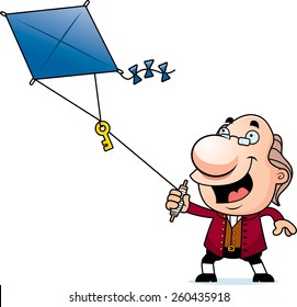 An illustration of a cartoon Ben Franklin flying a kite with a key.