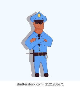 Illustration of a cartoon black police officer with arms crossed on his chest. He wears a cap and sunglasses. Vector illustration.