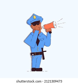 Illustration of a cartoon black police officer speaking into a loudspeaker. He wears a cap and sunglasses. Vector illustration.