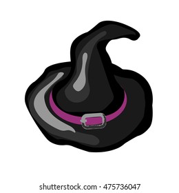 Illustration of a cartoon black witch's hat with purple ribbon