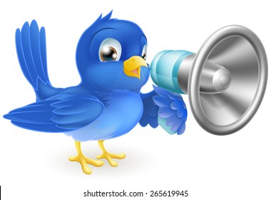 An illustration of a cartoon bluebird blue bird with a megaphone