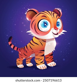 Illustration of a Cartoon blue-eyed Tiger, Character Design with a cute expression, vector Background.