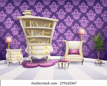 Illustration of a cartoon book cabinet with white furniture for little princesses