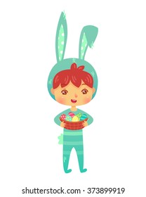 Illustration of cartoon boy in easter bunny costume with basket of painted eggs. Illustration in vector.