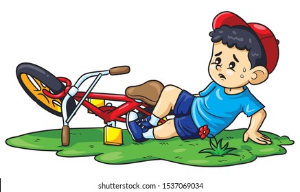 Illustration cartoon of a boy falls off a bicycle.