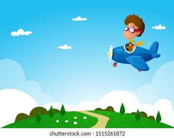 illustration of cartoon Boy flying on plane under the rural landscape.Vector