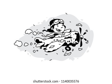 Illustration of a cartoon boy flying in a plane among the clouds. Vector illustration. Image is isolated on white background. Illustration for print and websites. The pilot is the hero of our time.