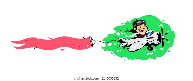 Illustration of a cartoon boy flying in a plane with a ribbon. Vector illustration. Image is isolated on white background. Illustration for print and websites. Advertising in the air.