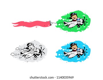 Illustration of a cartoon boy flying in a plane with a ribbon. Vector illustration. Image is isolated on white background. A set of different pictures. Advertising in the air.