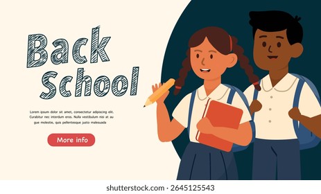 Illustration of cartoon boy and girl holding supplies promoting back to school campaign