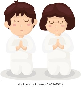 illustration of cartoon boy and girl praying on white