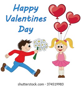 Illustration of a cartoon boy running with a bunch of flowers and cartoon girl with balloons. Valentine's Day