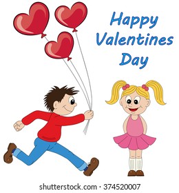 Illustration of a cartoon boy running with a bunch of flowers and cartoon girl with balloons. Valentine's Day