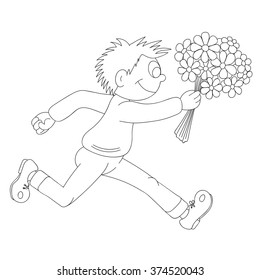 Illustration of a cartoon boy running with flowers. Valentine's Day