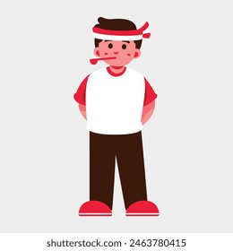 Illustration of a cartoon boy wearing a headband and casual clothes. Indonesia Independence Day.