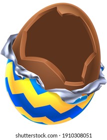 An illustration of a cartoon broken open chocolate Easter egg 