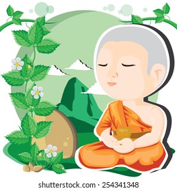 illustration Cartoon buddhist monk meditating