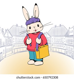 Illustration of a cartoon Bunny  artist in the town. Hand-drawn illustration. Vector.