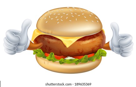 An illustration of a cartoon burger mascot with gloves doing thumbs up