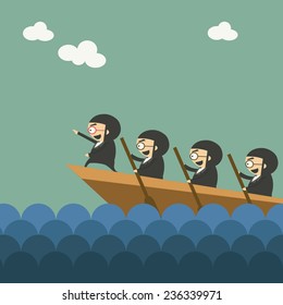 illustration of cartoon business team rowing on sea in teamwork concept