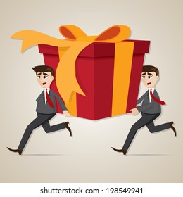 illustration of cartoon businessman carrying big gift box