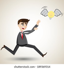 illustration of cartoon businessman chasing idea