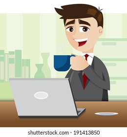 illustration of cartoon businessman with cup of coffee