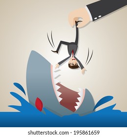 illustration of cartoon businessman dropped into hungry shark in lay off concept