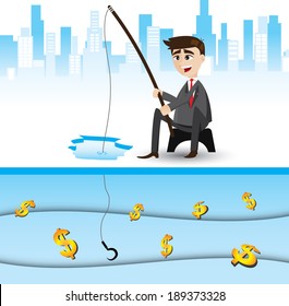 illustration of cartoon businessman fishing money. opportunity concept.