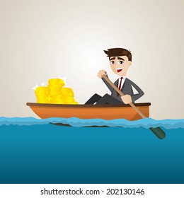 illustration of cartoon businessman with gold coin on ship