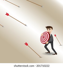 illustration of cartoon businessman holding target under arrow shower in risk concept