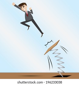 illustration of cartoon businessman jumping on springboard in progress concept