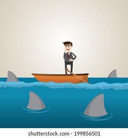 illustration of cartoon businessman on boat with shark in sea