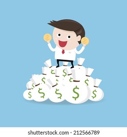 illustration of cartoon businessman on pile of money cash
