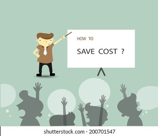 illustration of cartoon businessman presentation to audience,how to save cost,vector,illustrator
