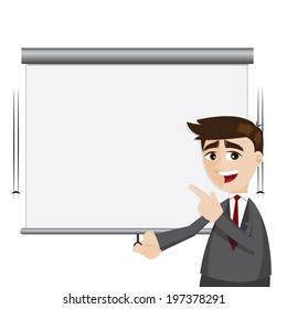 illustration of cartoon businessman pull down presentation board