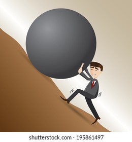 illustration of cartoon businessman push steel ball on moutain in work hard concept