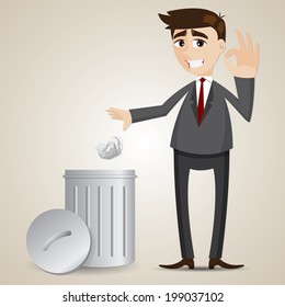 illustration of cartoon businessman put paper in recycle bin