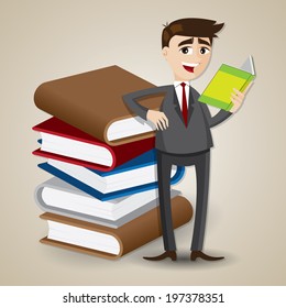 illustration of cartoon businessman reading with stack of book
