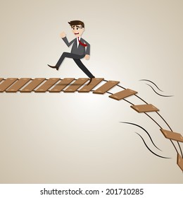 Illustration Of Cartoon Businessman Run Away From Broken Rope Bridge In Deadline Concept