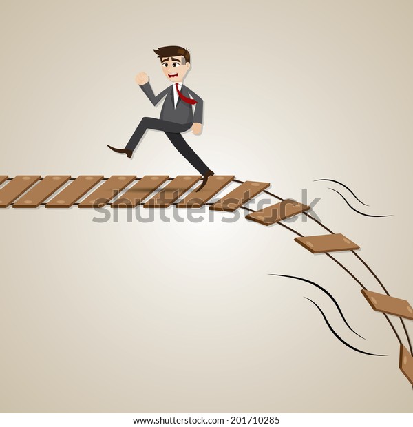 illustration of cartoon businessman run away from\
broken rope bridge in deadline\
concept