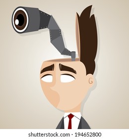 illustration of cartoon businessman with scouting binocular in his head, looking for opportunity concept