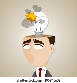 illustration of cartoon businessman with shocked idea bulb in  no idea concept