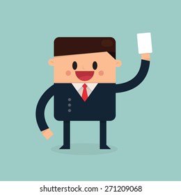 illustration of cartoon businessman showing blank card