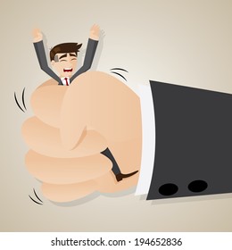 illustration of cartoon businessman squeezed by boss hand in punishment concept