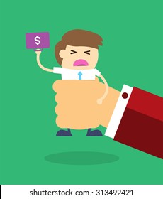 illustration of cartoon businessman squeezed by boss hand in punishment concept. Business man in big hand. Cartoon Flat design. vector. Oppressed, depressed, passive, intimidated. Brutal, heavy work