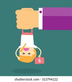 illustration of cartoon businessman squeezed by boss hand in punishment concept. Business man in big hand. Cartoon Flat design. vector. Oppressed, depressed, passive, intimidated. Brutal, Head hanging