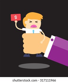 illustration of cartoon businessman squeezed by boss hand in punishment concept. Business man in big hand. Cartoon Flat design. vector. Oppressed, depressed, passive, intimidated. Brutal, heavy work