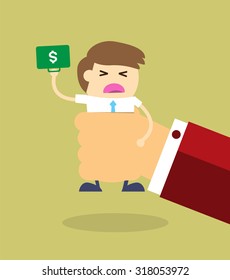 illustration of cartoon businessman squeezed by boss hand in punishment concept. Business man in big hand. 